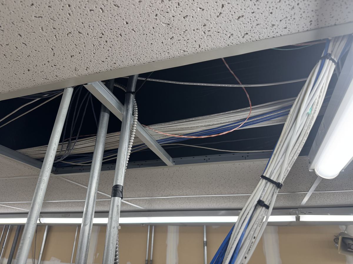 Open drop ceiling with exposed cabling above the tiles